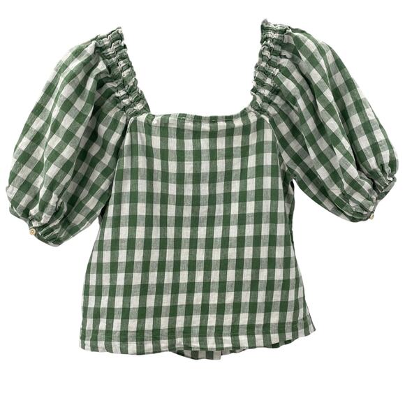 Madewell XS Linen Cotton Square Neck Button Front Top Gingham Check NE168 Green - Picture 8 of 8